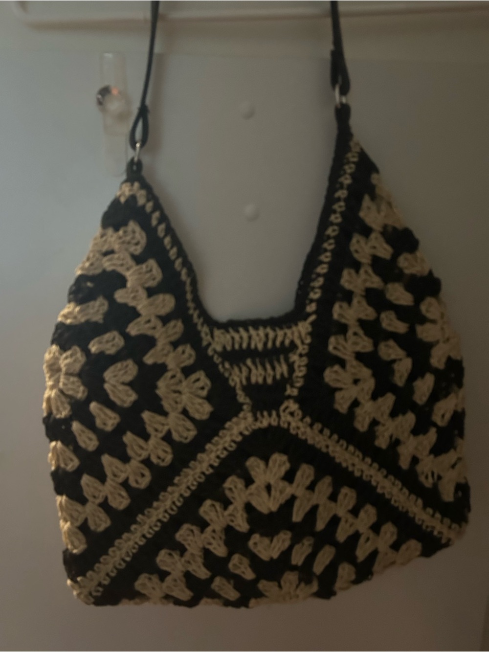Handcrafted Black and Cream Crochet Hobo Bag